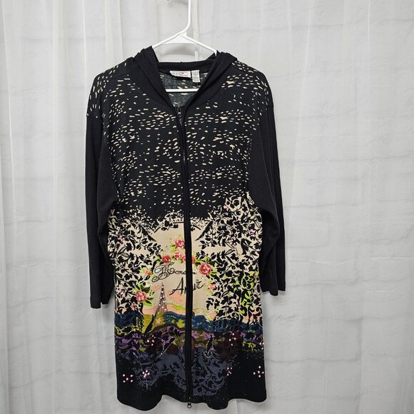 Lanz Black Jacket Hooded Paris Eiffel Artsy Tower Boho Zip Jersey 2XL - Picture 7 of 10